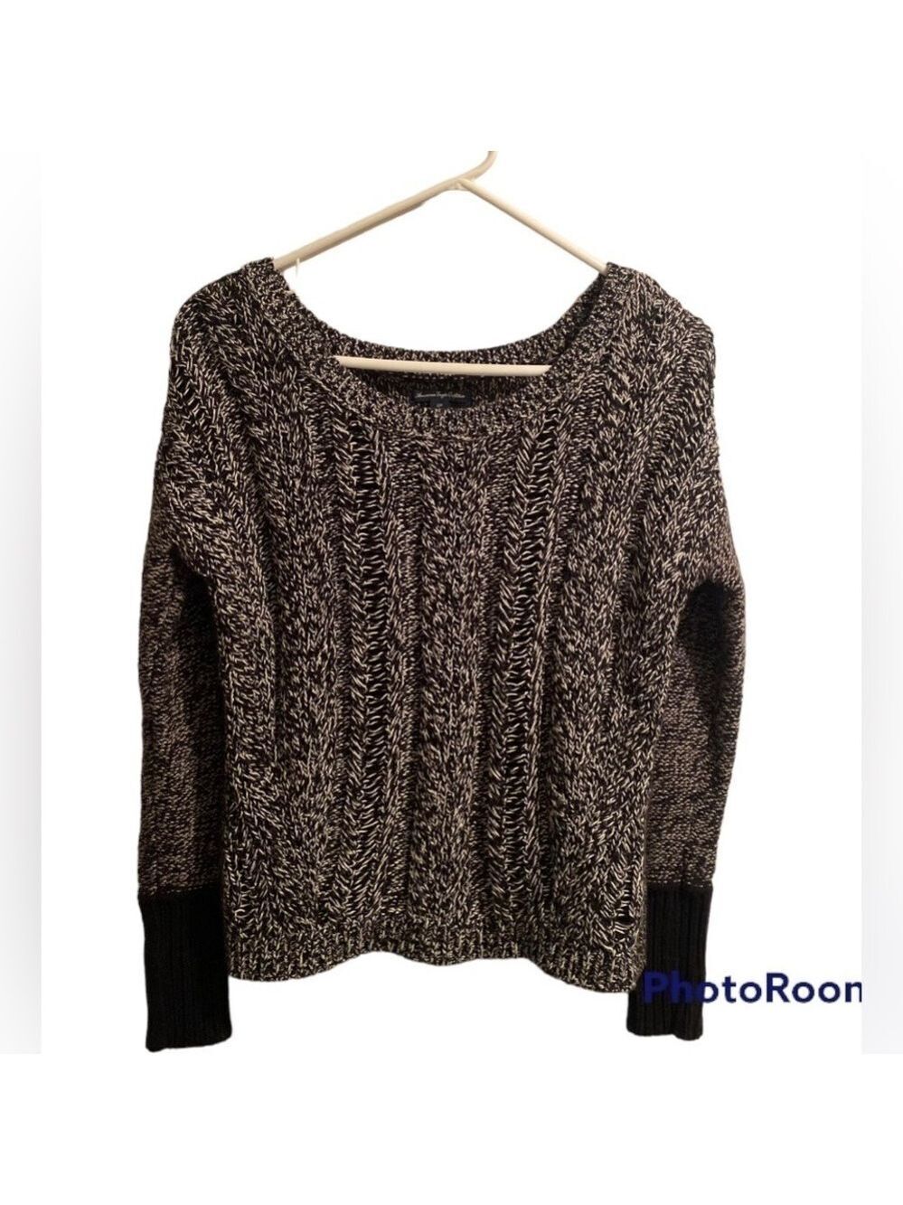 American Eagle Outfitters Cable Knit Sweater Scoop Neck Womens PS Black & White